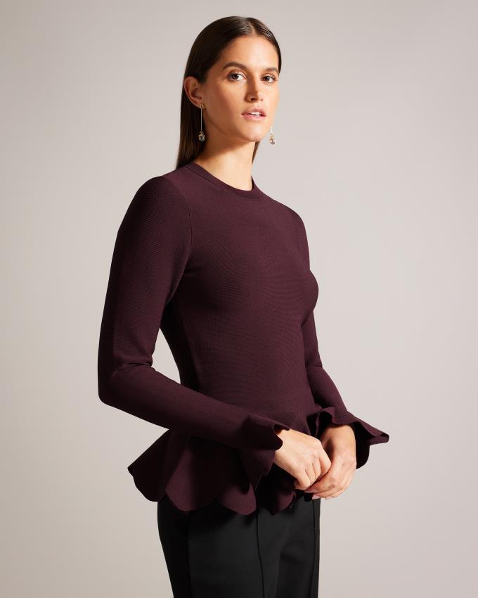 Hauts Ted Baker Long Sleeve Scalloped Peplum Rouge Foncé Femme | PFX-88530317